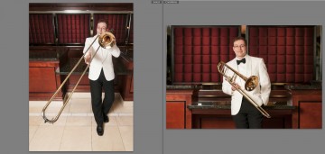 The image on the left was shot with an 11-16mm lens, a super wide angle. The one on the right was shot with a 70-200mm lens, a telephoto. Notice the apparent compression in the right image. The background appears closer to the subject and the trombone slide appears shorter. To get my framing right, I had to walk halfway across the hotel lobby, but by backing up and zooming in, the perspective appears more natural.