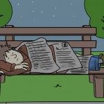 cartoon of homeless person on bench, Victoria Native Friendship Centre closes