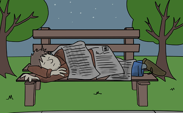 cartoon of homeless person on bench, Victoria Native Friendship Centre closes