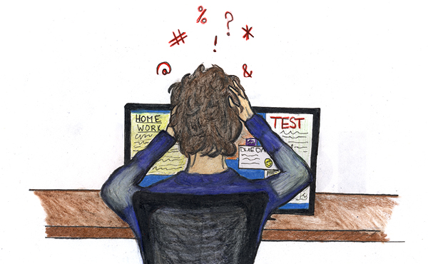 Student sits at computer, online class, looking stressed