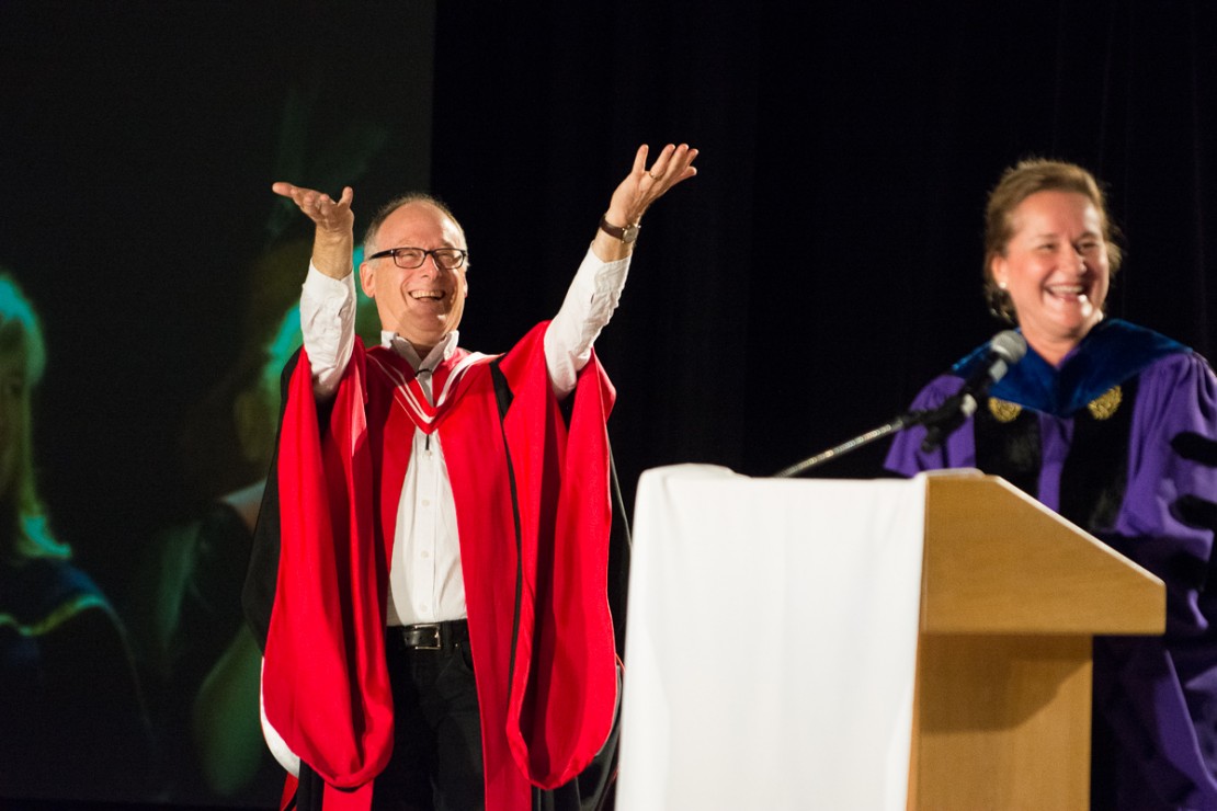 Tom Tiedje, dean of UVic engineering, acknowledges the crowd.