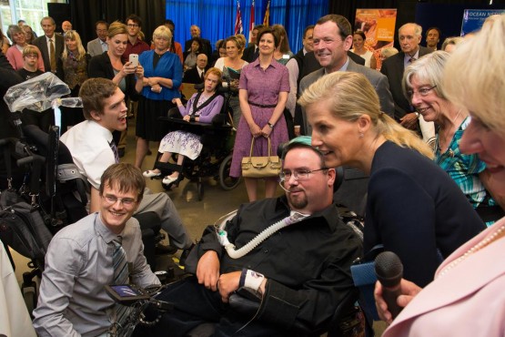 Dale Hampshire of CanAssist UVic demonstrates an adapted video game controller to Sophie Rhys-Jones, The Countess of Wessex, during a visit to the Bob Wright Centre at UVic on Sept. 13, 2014. She and her husband, Prince Edward, recently finished a five-day visit to B.C. –Hugo Wong (photo)