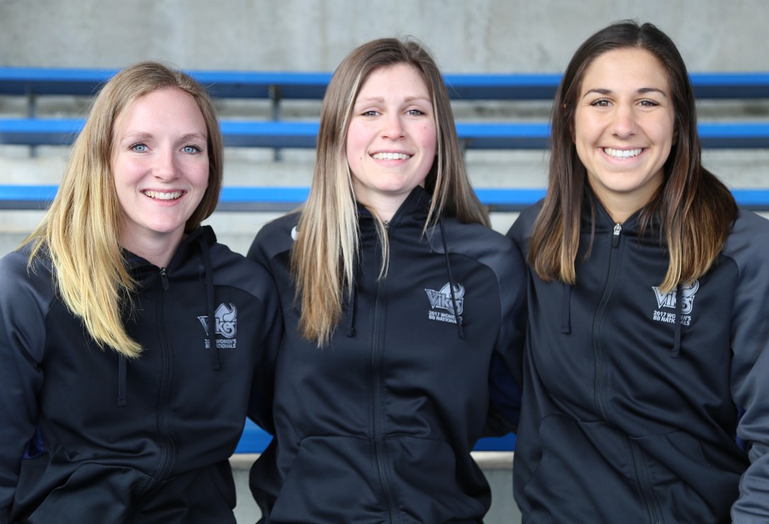 From left to right: Jenna Krug, Nicole Karstein, and Jenna Bugiardini are all saying farewell to the Vikes women's basketball team as they come to the end of their time at UVic. Photo by Belle White, Photo Editor