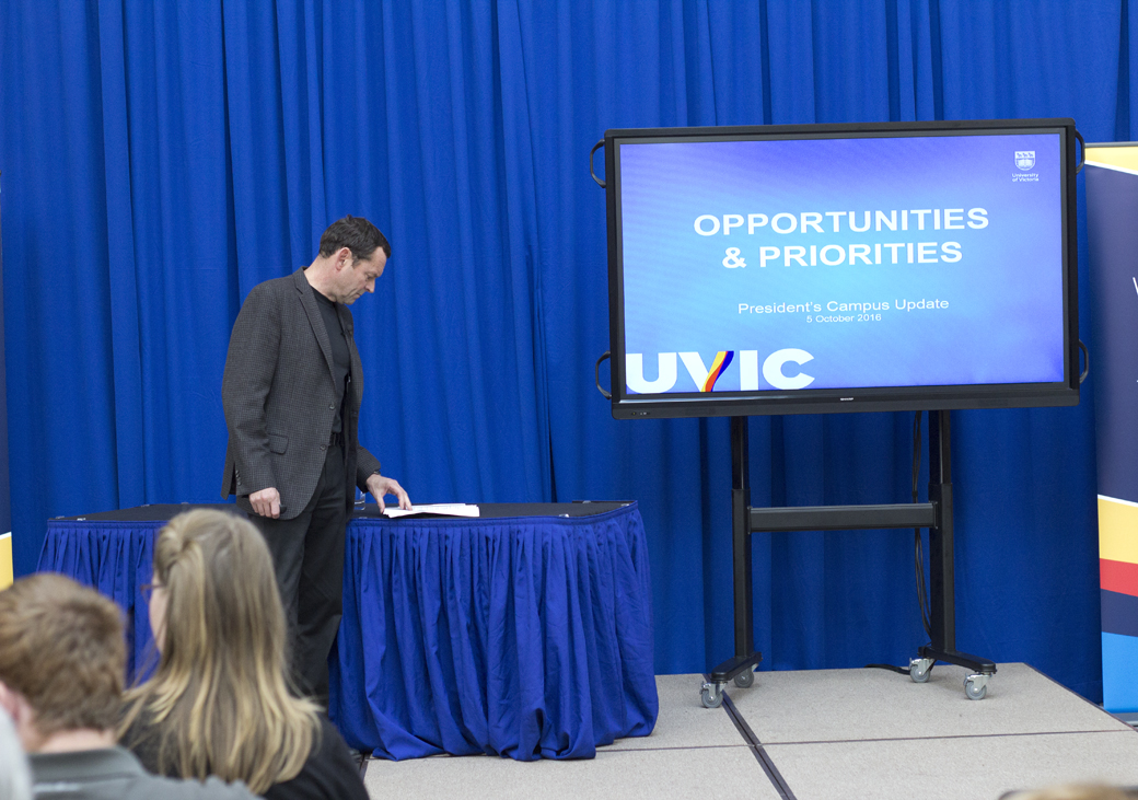 President Jamie Cassels prepares to speak at the President's Campus Update on Oct. 5. Photo by Cormac O'Brien, Staff Writer