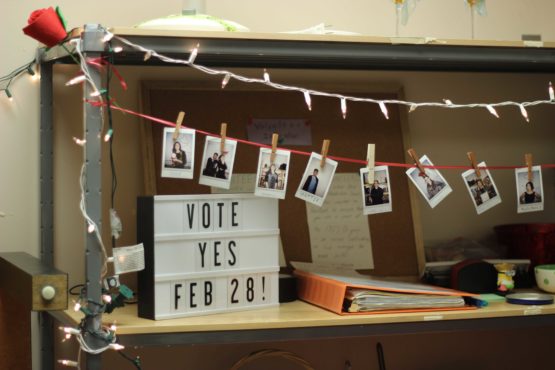 A sign that says "Vote Yes Feb 28!" 