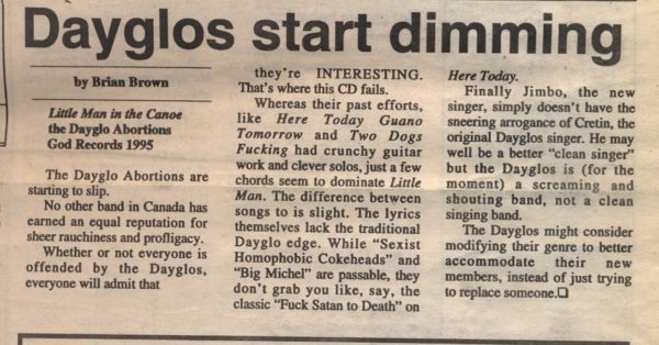 Brian Brown's original article disparaging the Dayglos, published on May 18, 1995. Credit via The Martlet.