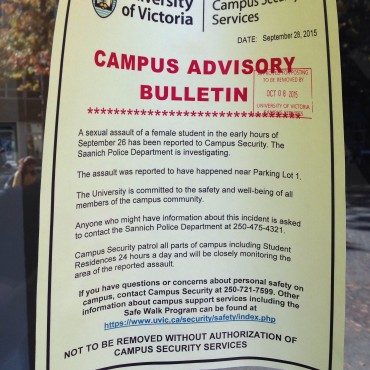 Bulletins like this were posted in various locations around campus after the sexual assault occurred. This one was posted on an entrance to Clearihue Building by McPherson Library. Photo by the Martlet. 