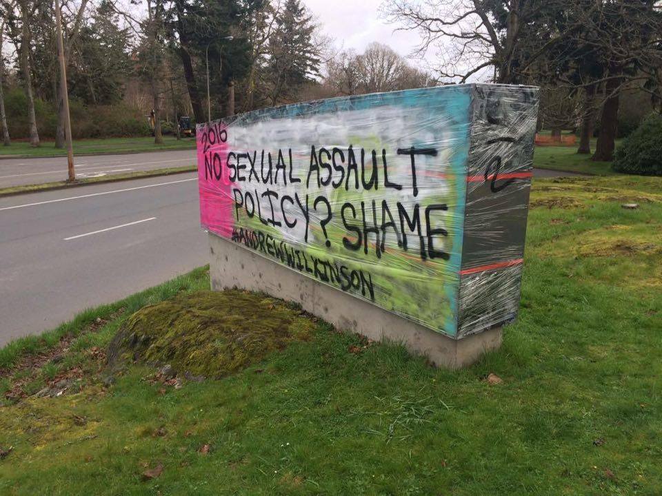 This sign by Henderson Road was used as a tool to protest the university's response to recent sexual assaults. Photo provided by Daphne Shaed