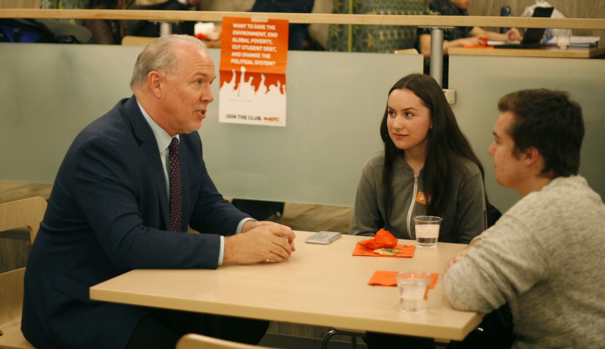 B.C. NDP leader John Horgan speaks with students at an NDP open house hosted in Vertigo. File Photo by Belle White, Photo Editor.