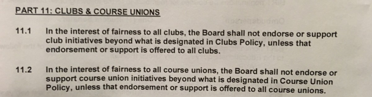 This motion was passed at a UVSS board meeting on Feb. 6 to eliminate preferential treatment of clubs and course unions. Photo by Myles Sauer, Editor-in-Chief