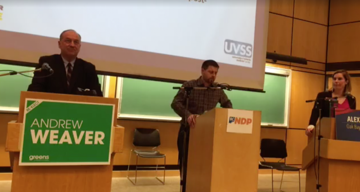 From left to right: Andrew Weaver, Bryan Casavant, and Alex Dutton square off during a candidates debate that took place last week. Screenshot via UVSS/Facebook