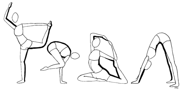 Drawing features four people in various yoga poses.