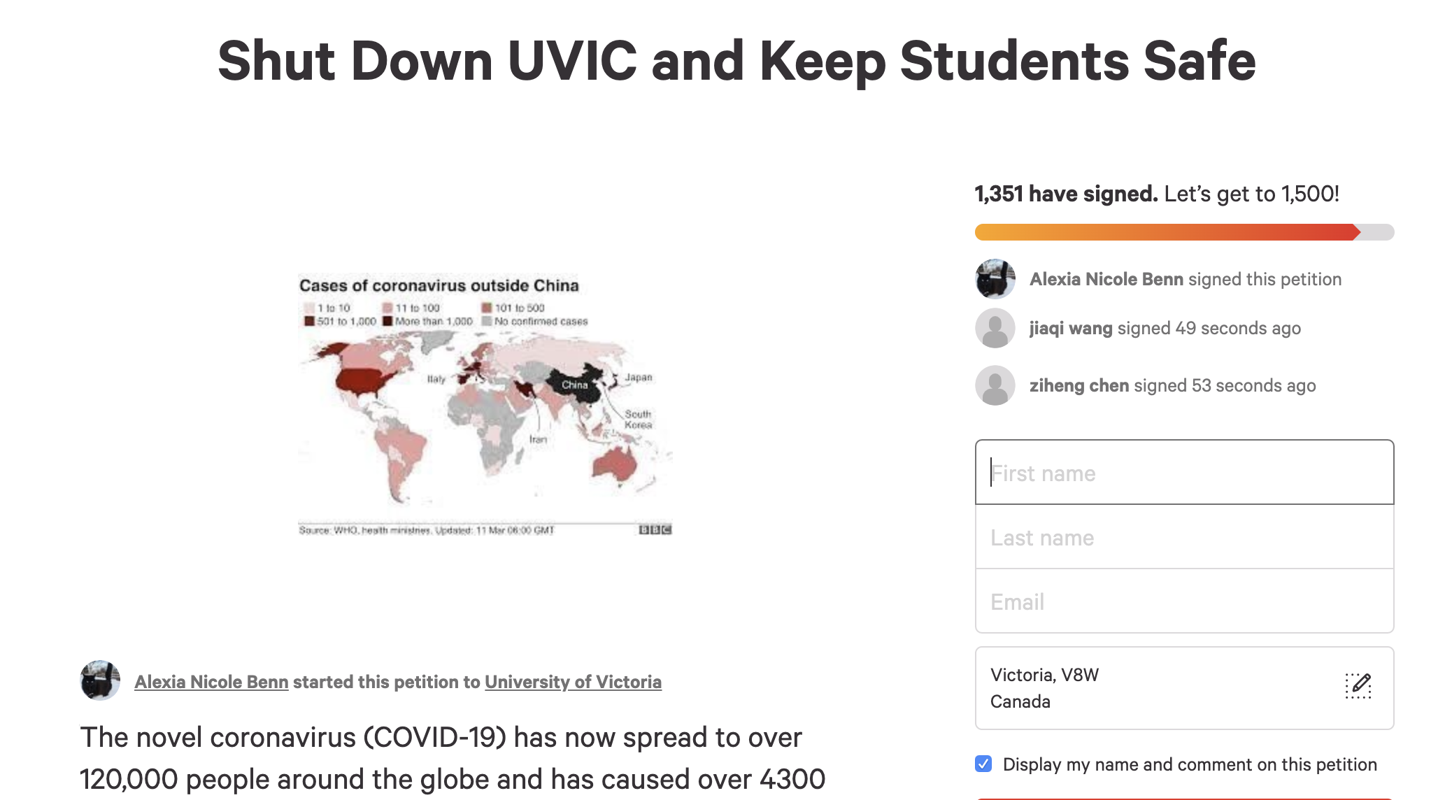 Petition to close UVic due to coronavirus garners over 1 300 signatures overnight