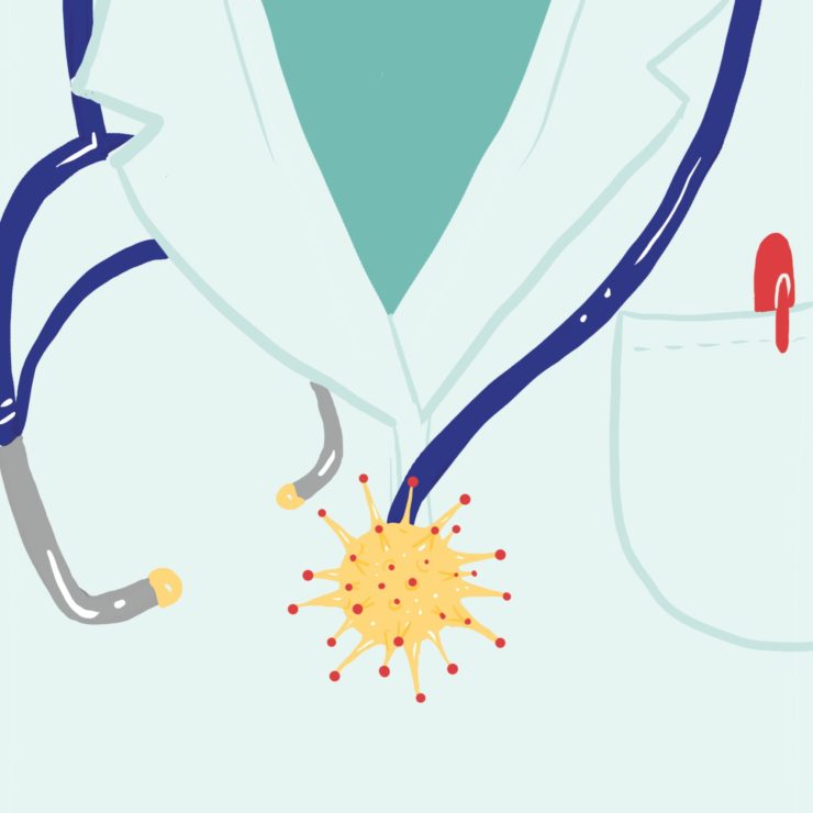Graphic of medical student, with stethoscope as a coronavirus molecule