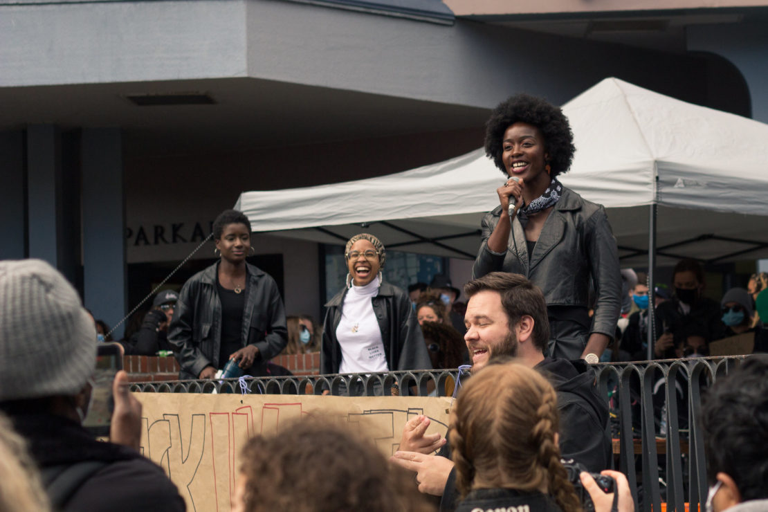 from left to right: Vanessa Simon, Asiyah Robinson, Pamphinette Buisa speaking at the Black Lives Matter peace rally.