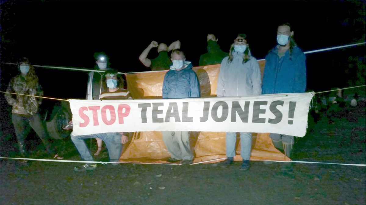 fairy creek blockade protestors in front of "stop teal jones" sign