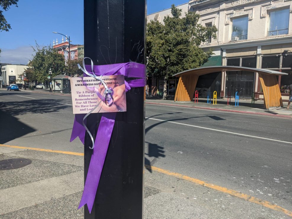 purple ribbon on Yates St for Overdose Awareness Day