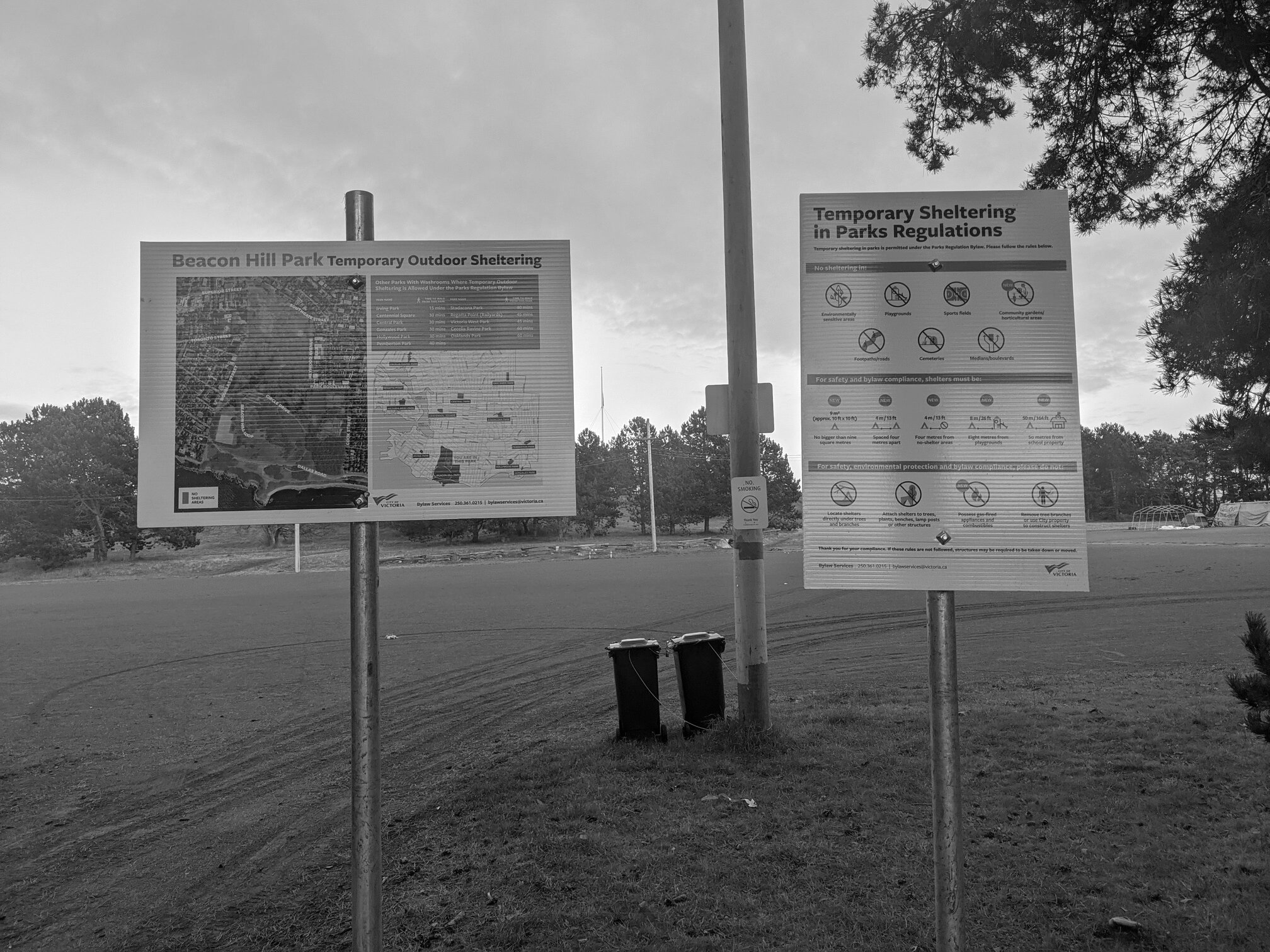 signs at Beacon Hill Park for homeless camping
