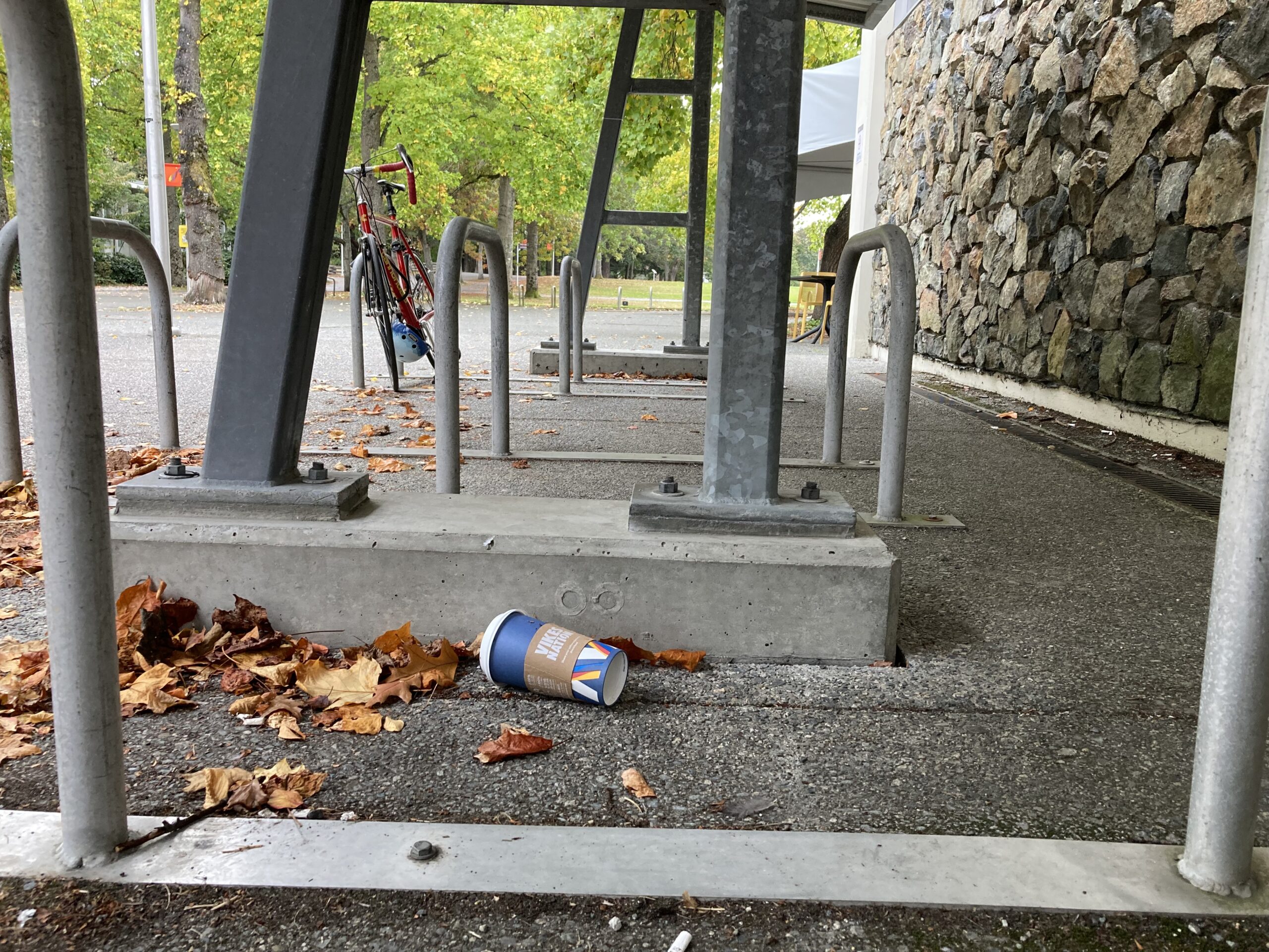 Discarded single-use coffee cup on campus. Photo by Mary Heeg.