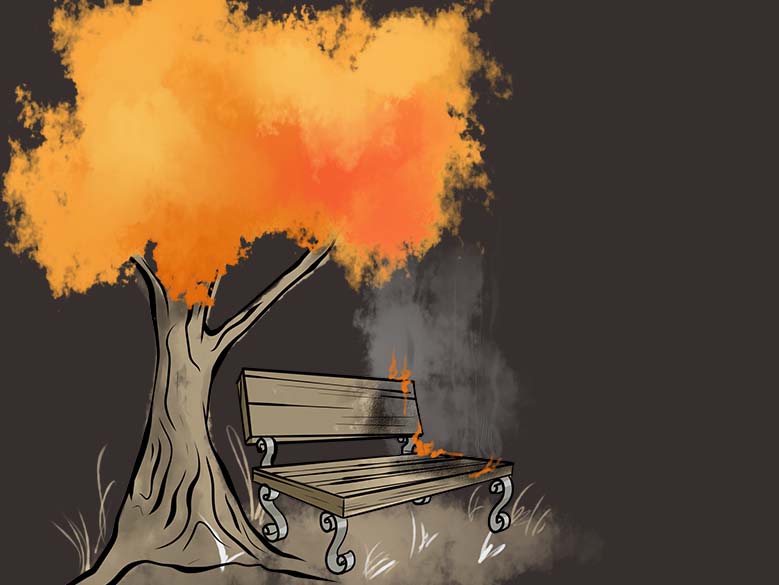 Bench covered by tree and burning. Graphic by Sie Douglas-Fish.