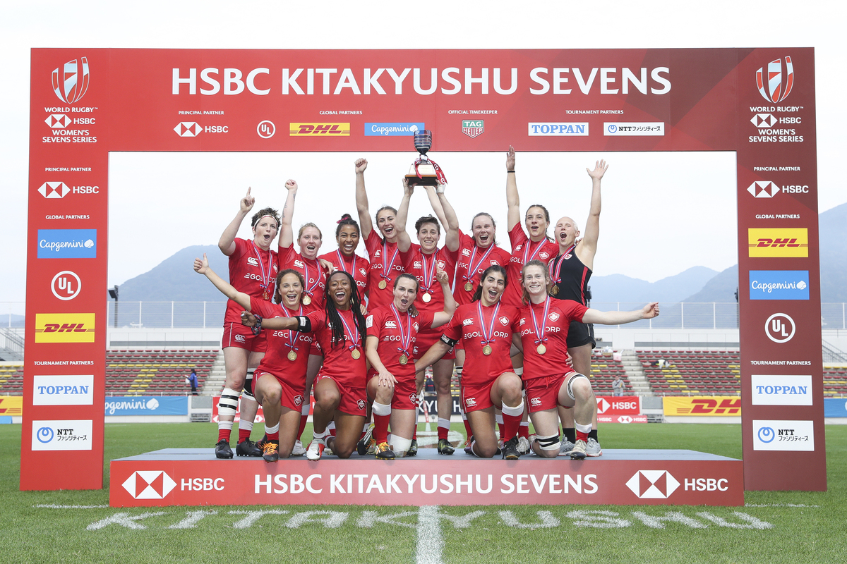 Canada players celebrate the Cup Final win over England on day two of the HSBC World Rugby Women's Sevens Series in Kitakyushu on 21 April, 2019. Photo credit: Mike Lee - KLC fotos for World Rugby