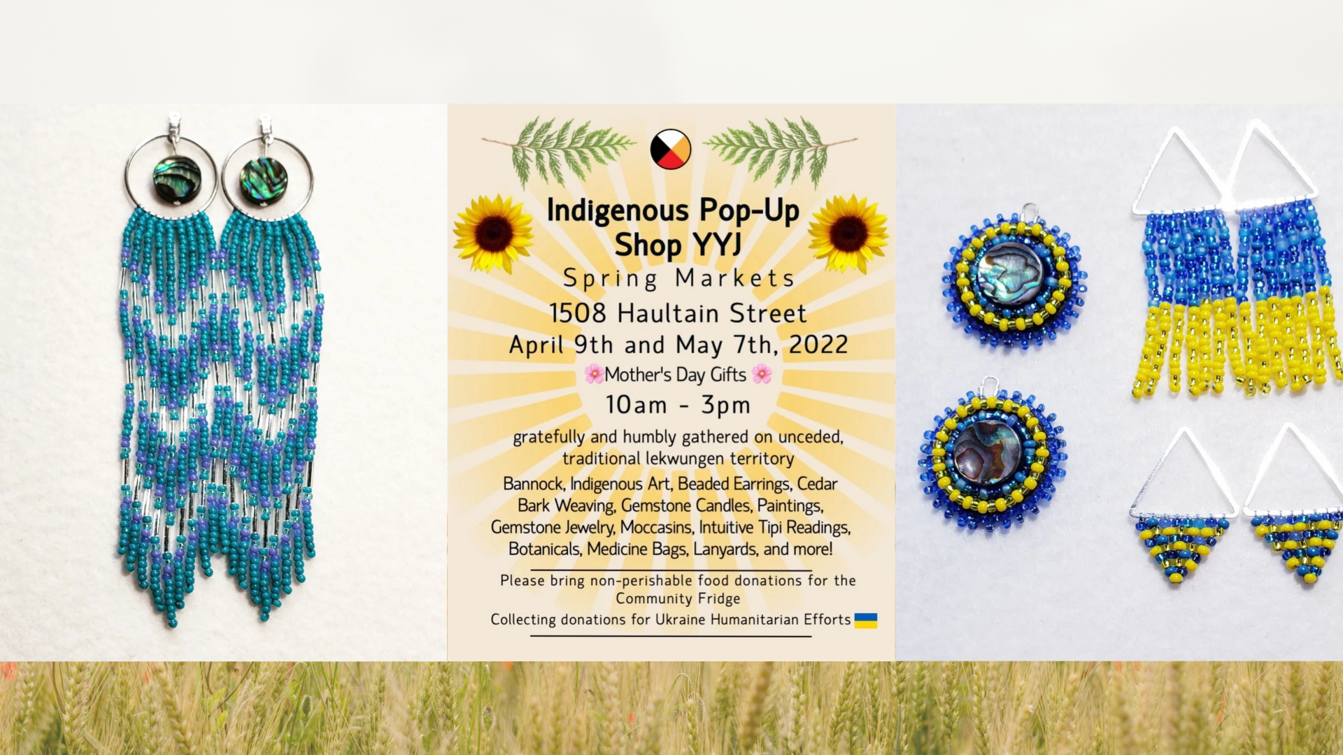 Beadwork and event flyer, photos sourced from @indigenouspopupshopyyj on Instagram and by Jen Mucciolo.