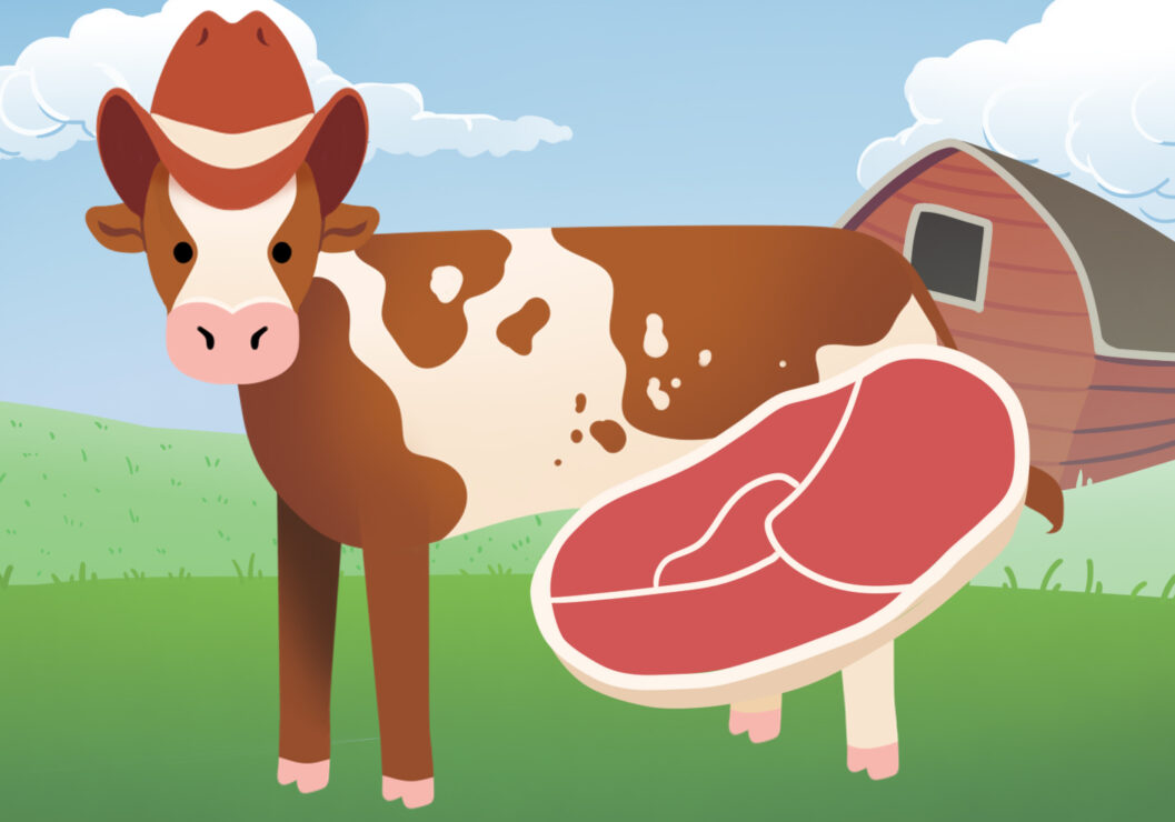 A beef cow in  grassland with a cowboy hat and a steak, graphic by Sie Douglas-Fish.