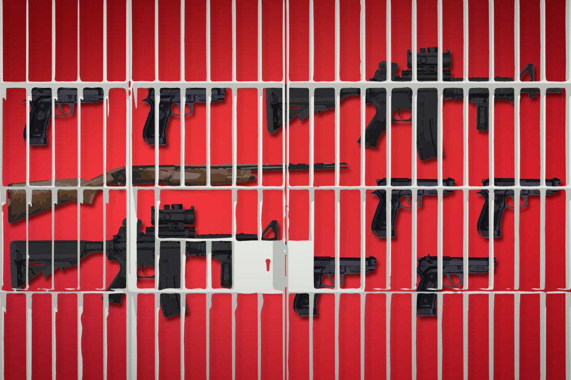 Various firearms behind bars. Graphic by Sie Douglas-Fish.