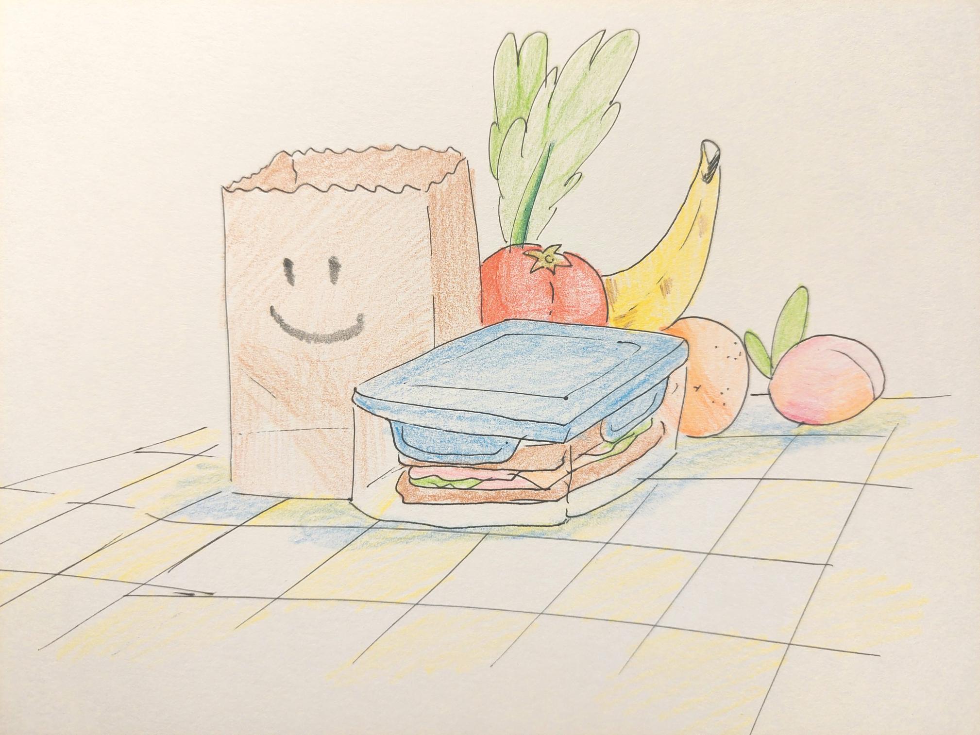 A paper bag, container, and fruits and vegetables. Illustration by Sie Douglas-Fish.
