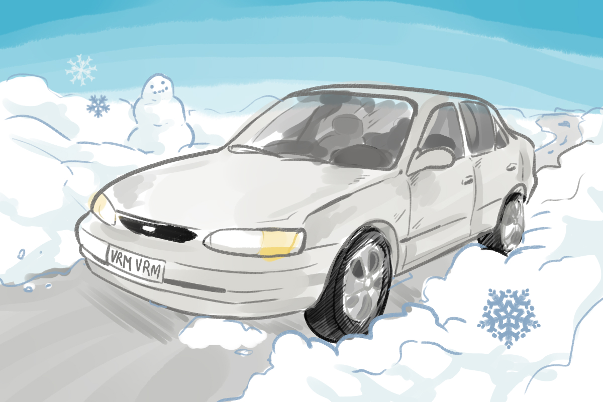 A vehicle in the snow, illustration by Sie Douglas-Fish.