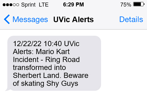 A fake UVic alerts text, graphic by Sie Douglas-Fish.