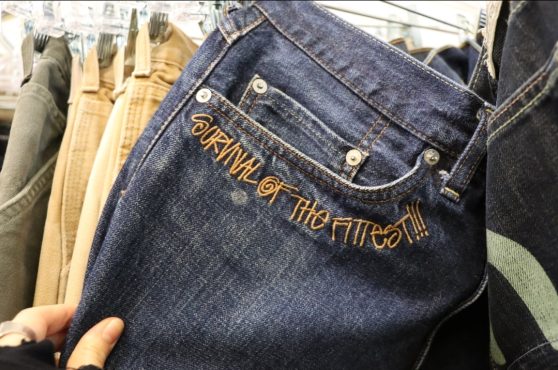Vintage jeans reading "survival of the fittest!" embroidered, photo by Gabby Elhav.
