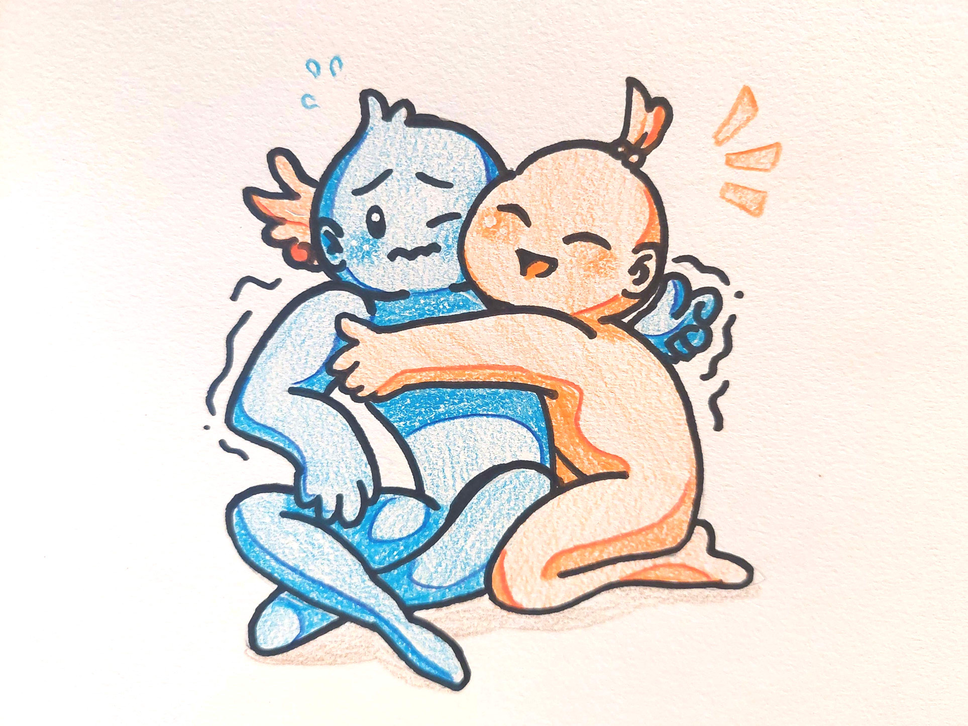 An awkward hug, illustration by Sie Douglas-Fish.