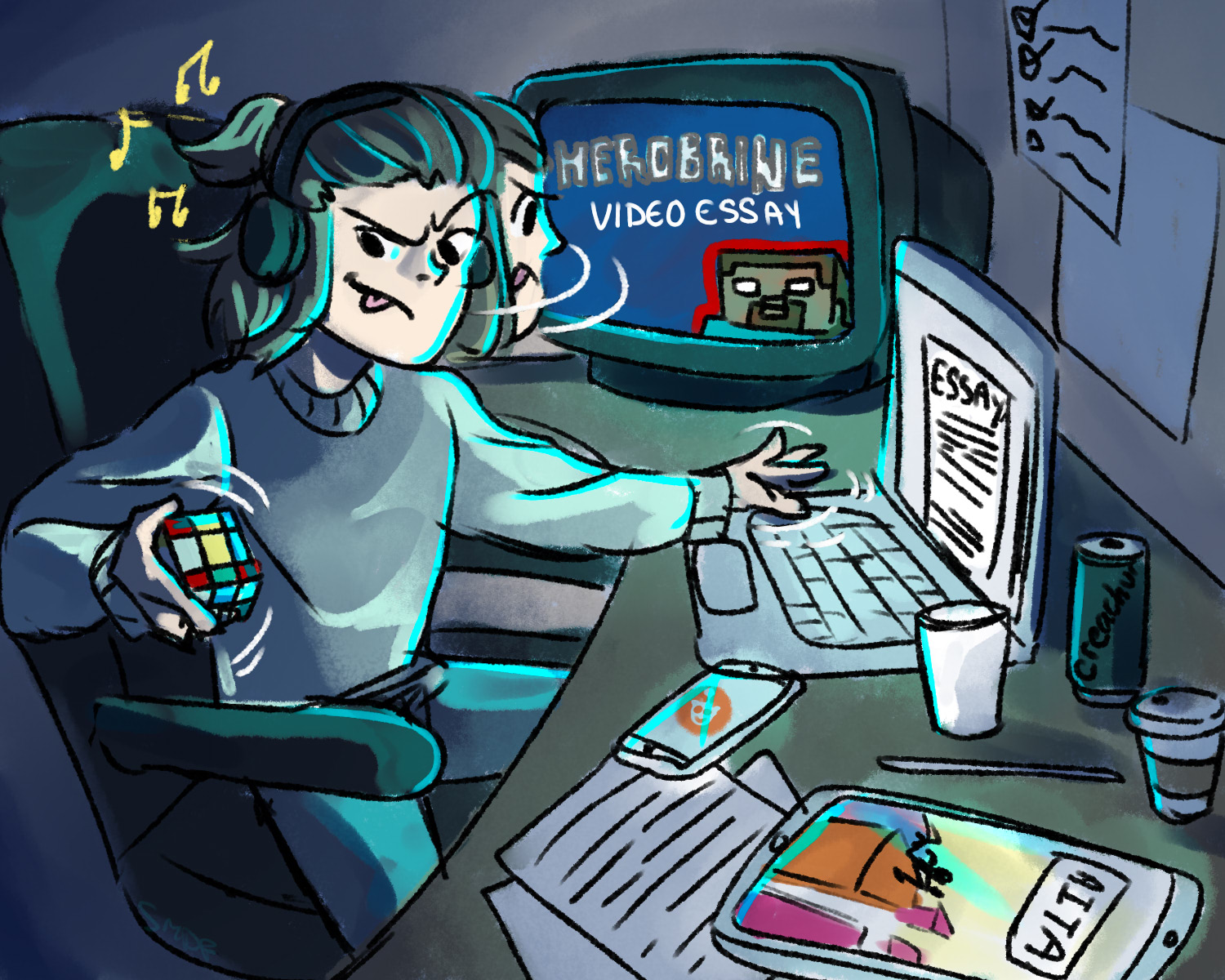 Someone writing an essay, looking at four screens, and multitasking. Illustration by Sie Douglas-Fish.