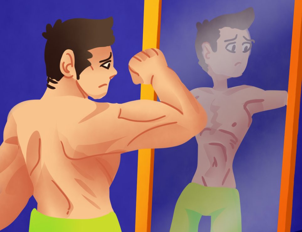 Muscular man looking sadly at reflection of skinnier version of himself. Illustration by Sie Douglas-Fish.