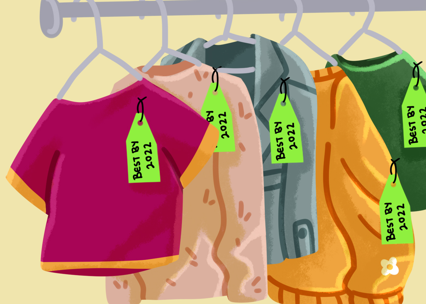 Illustration of clothes on a rack with best-by tags. Illustration by Sie Douglas-Fish.