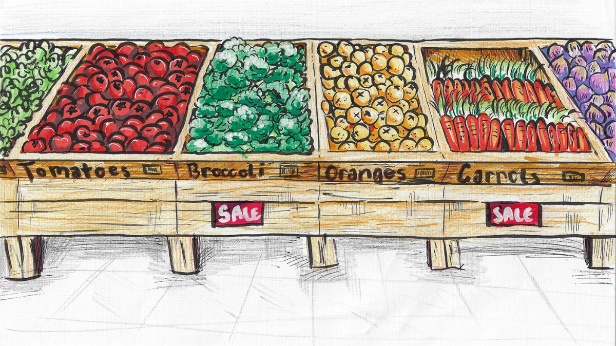 An illustration of a wall of produce. Illustration by Sie Douglas-Fish.