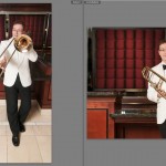 The image on the left was shot with an 11-16mm lens, a super wide angle. The one on the right was shot with a 70-200mm lens, a telephoto. Notice the apparent compression in the right image. The background appears closer to the subject and the trombone slide appears shorter. To get my framing right, I had to walk halfway across the hotel lobby, but by backing up and zooming in, the perspective appears more natural.