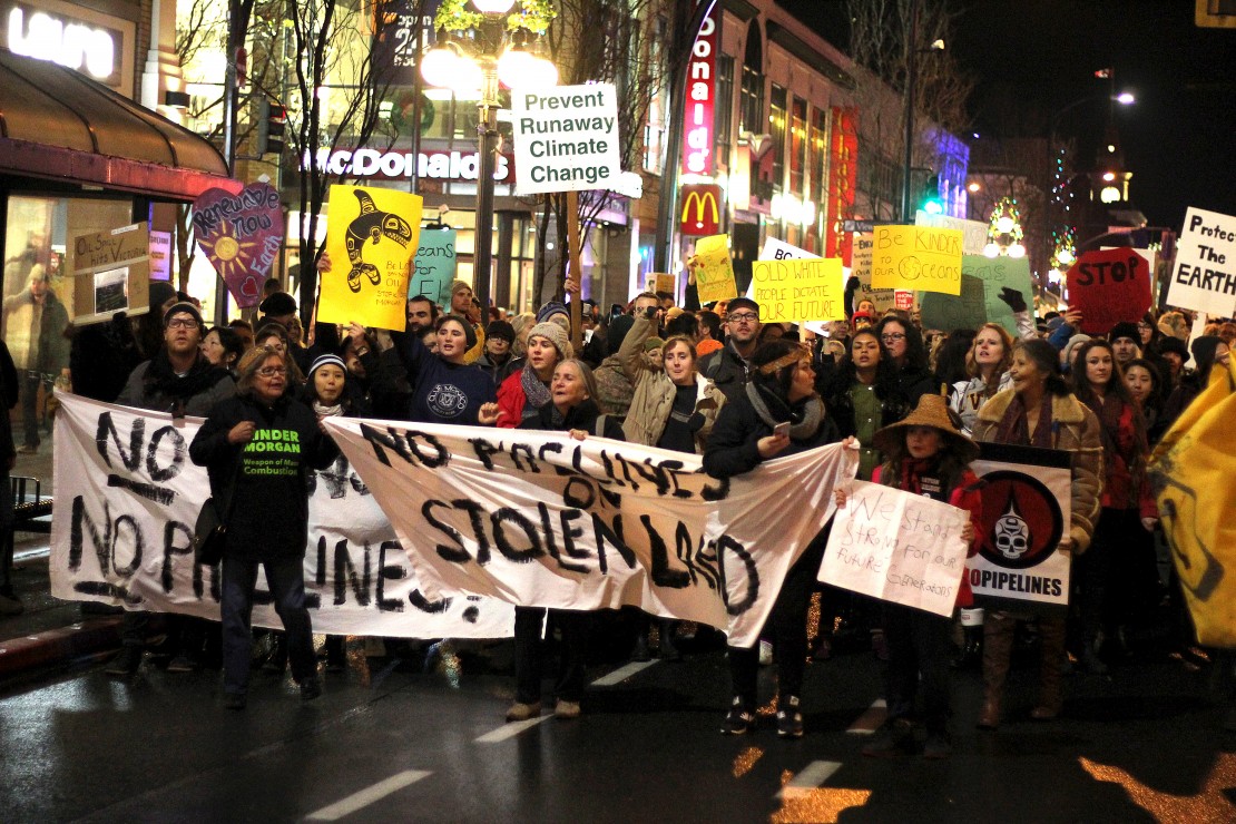 Demonstrators made it clear to Justin Trudeau that "no still means no" when it comes to pipelines on Dec. 1. Photo by Myles Sauer, Editor-in-Chief