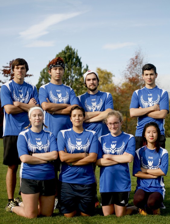 The UVic Valkyries. From left to right, front row: Soleil Heaney, Teigan Miller-Gauthier, Kassidy Smids-Dyk, and Cynthia Chao. Back row: Nicholas Planidin, Lee Johnson, Misha Whittingham, and Patrick McManus.  Photo by Belle White, Photo Editor