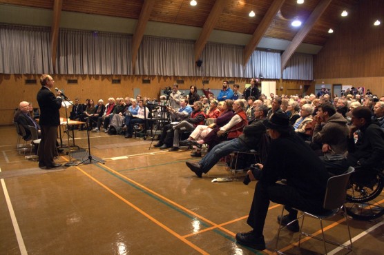 While addressing the crowd at the First Metropolitan United Church, NDP MPs Randall Garrison and Murray Rankin criticized proposed anti-terror legislation as fear-mongering and an invasion of privacy. Photo by Sarah Allan (Photo Editor)