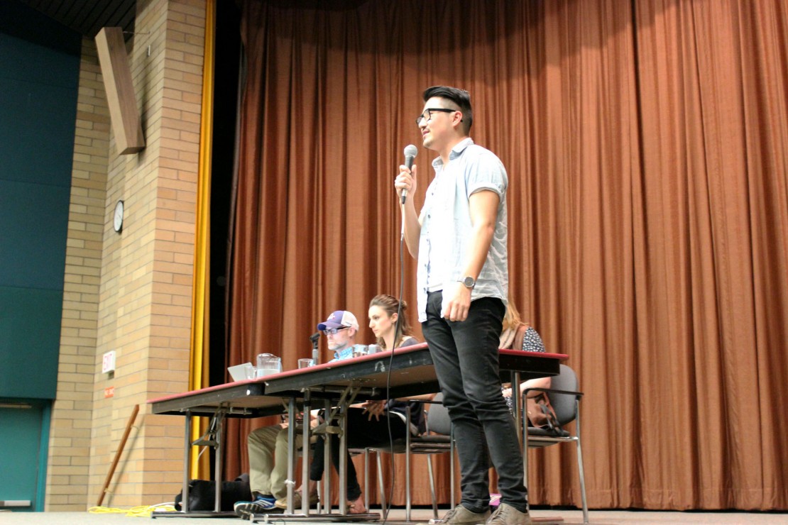 Native Students Union Firekeeper Blake Desjarlais opens the March 31 Special General Meeting by acknowledging the territories. Photo by Myles Sauer