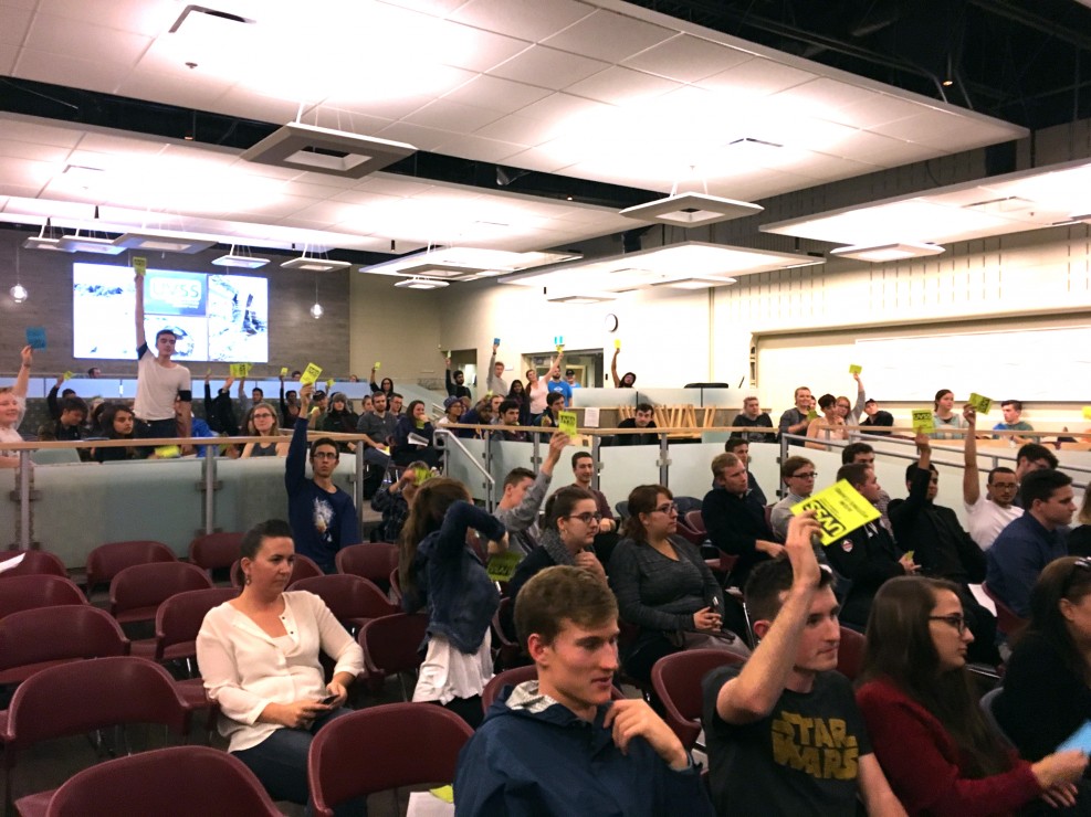 Students exercised their democratic right in full force to oppose a motion ratifying Hempology 101 as a constituency organization at the AGM on Oct. 27. Photo by Myles Sauer