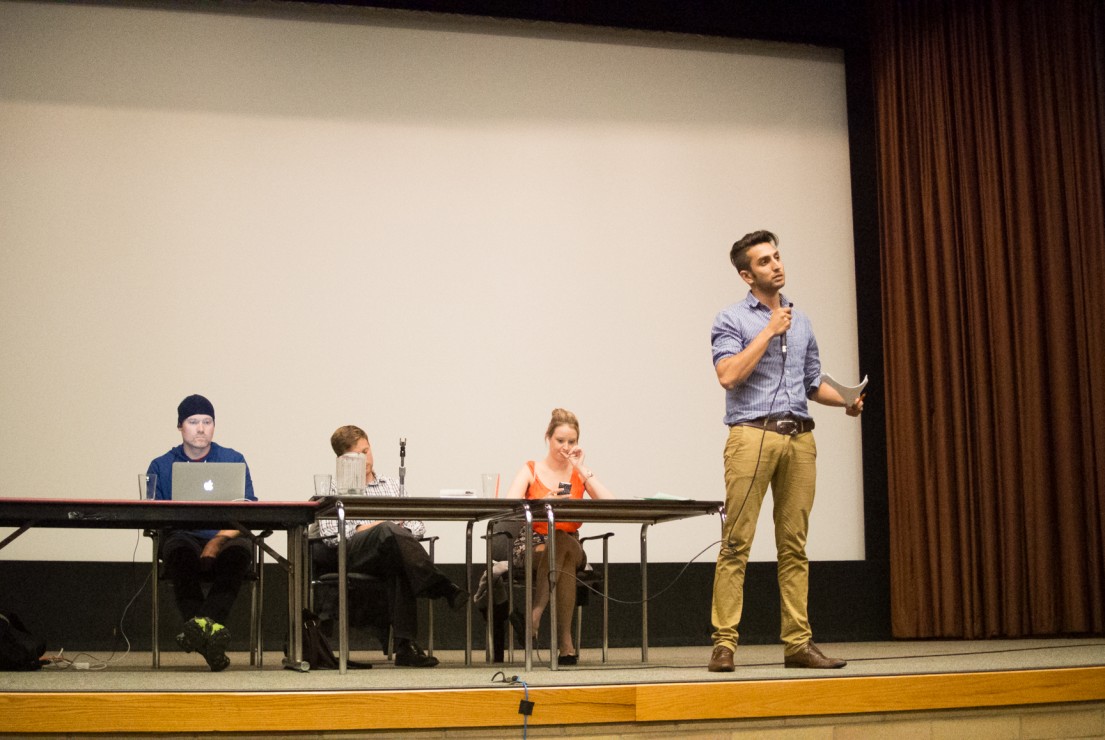 Anas Cheema presents the upcoming budget at the 2014 UVSS annual general meeting. —Hugo Wong (file photo)