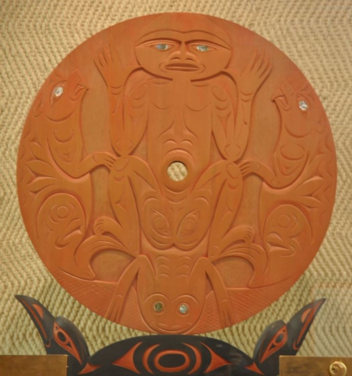 Sul-Sultan was stolen from the Fraser Building on June 13. It is carved cedar with inlaid abalone, and sits in a painted carved stand. Photo provided by Saanich PD