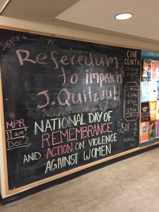 This chalkboard message calling for Jordan Quitzau's impeachment captured the overwhelming sentiment of many who attended last night's board meeting. Photo by Brydon Kramer, Photo Contributor