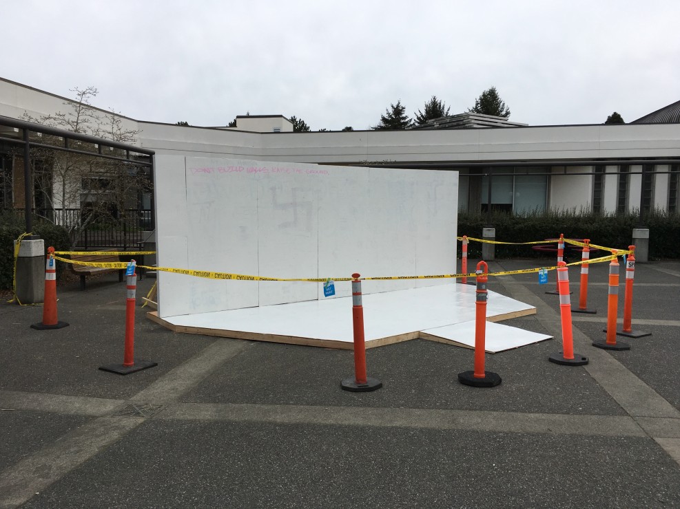 The Third Space art project was temporarily blocked off Friday morning after a number of racist messages were written on it overnight. Photo by Myles Sauer, Editor-in-Chief