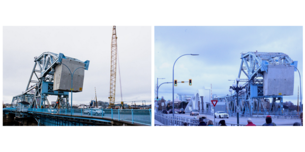 A picture of the Blue Bridge printed in our 2013 article that discussed the start of the new bridge construction next to a picture of both the old and new bridges in 2018 after construction. 