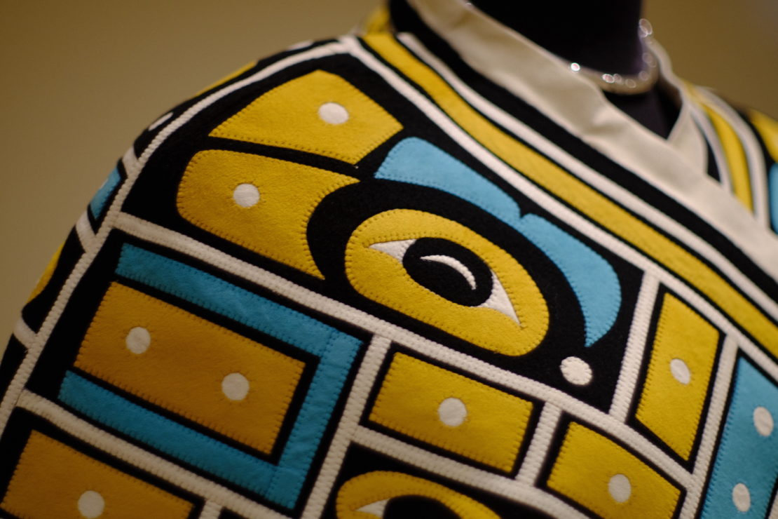 Photo of shawl designed by Gitxsan textile artist and fashion designer, Sug-ii-t Lukxs (Yolonda Skelton). Photo by Joshua Ngenda.