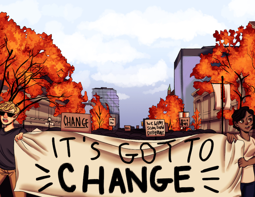 student activism protesting in the street, graphic